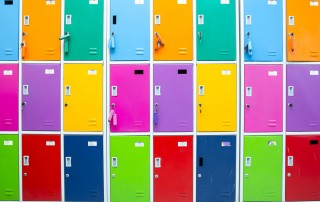 Colorful staff room lockers with cam locks