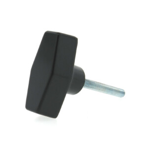 A phenolic T-handle hand knob with a threaded rod