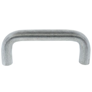 An aluminum bottom mount cabinet handle with a tumbled finish