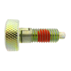 A knurled knob plunger with a locking nose and with a nylon patch